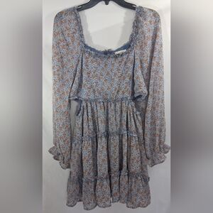 Blue and Orange Ruched Tiered Sundress with Bishop Sleeves